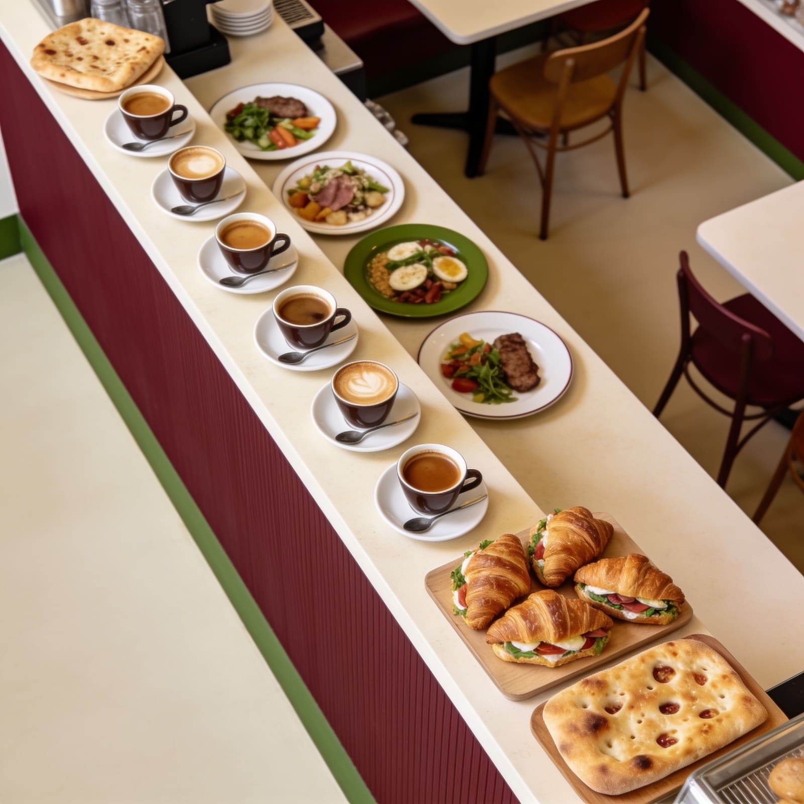 Banco di caffetteria con caffè espresso, cornetti, focaccia e piatti per il pranzo